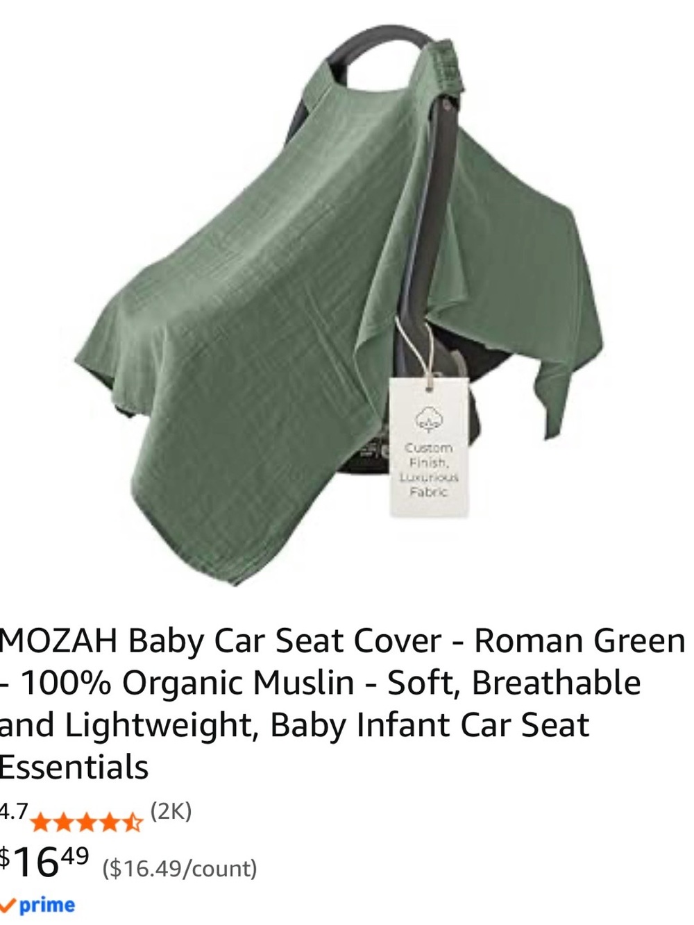 Roman Green Organic Muslin Baby Car Seat Cover
